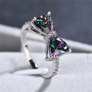 Green & Purple Iridescent Bow Cut Cubic Zirconia Ring in Silver Tone Size 9 NWT
